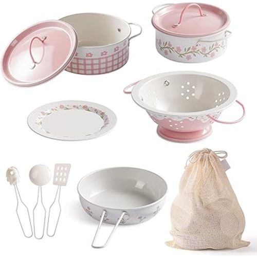 ROBOTIME Play Pots and Pans Toys for Kids – 9 PCS Play Kitchen Accessories Set with Metal Cookware, Cooking Utensils & Storage Bag – Toy Pots and Pans for Toddlers Boys Girls Age 3+ (Pink)