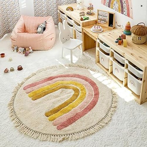 Rainbow Tassels Soft Area Rug for Girls Kids Room Washable Artificial Wool Bedroom Living Room, Kid Round Carpet Rainbow Pattern, Non-Slip Indoor Floor Carpet Home Decor, 4 Feet
