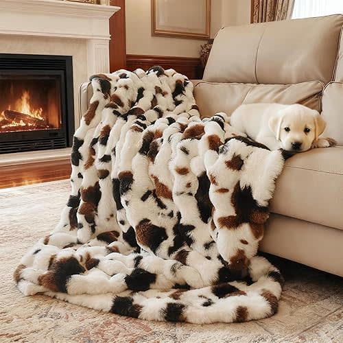 Cow Print Faux Fur Baby Blanket 40x50 – Fluffy Cow Bubbles Blanket, Ultra Soft Rabbit Faux Fur Throw for Kids & Travel, Black to White Ombre with Brown Accent, Cozy Decorative Cow Gift