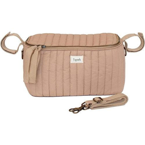 3 Sprouts Universal Quilted Stroller Organizer with Cup Holder and Zip Top - Durable Stroller Caddy Accessory with Storage - Shoulder Strap Converts Organizer to Small Diaper Bag - Clay