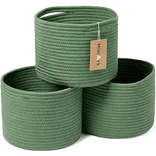 Small Basket for Organizing | Cube Shelf Closet Storage Baskets | 9.7×9.7×7.1” | Woven Rope Gift Basket | Nursery | Round 3 Packs Green