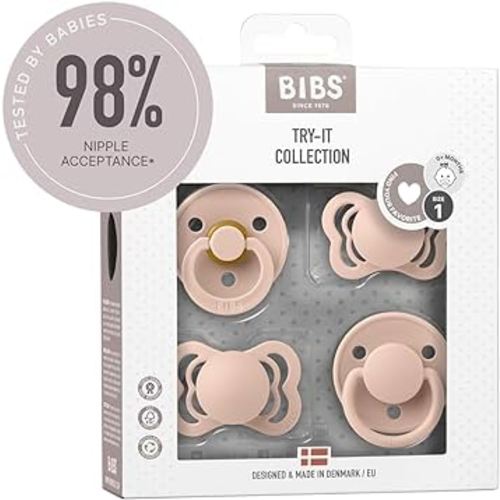 BIBS Try-It Collection | 4-Pack Soothers | BPA-Free Round, Anatomical & Symmetrical Nipple | Natural Rubber Latex/Silicone | Made in Denmark | 0-6 Months | Blush