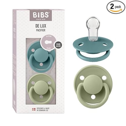BIBS De Lux Baby Pacifier 2-Pack | Made in Denmark | BPA Free Dummy Soother, Round Nipple. Silicone, OneSize (0-36 Months), Island Sea/Sage