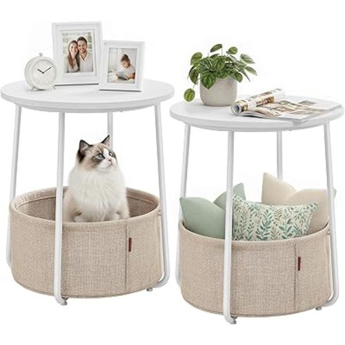 VASAGLE LILEA Collection - Small Round Side End Table, Modern Nightstand with Fabric Basket, for Living Room, Bedroom, Set of 2, Matte White and Camel Brown ULET225WG01S
