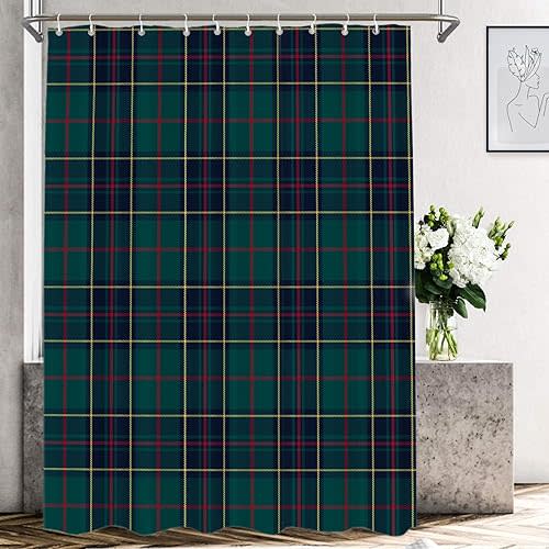 Shrahala Tartan Plaid Decorative Shower Curtain, Green Scottish Fabric Kilt Twill Woven Bathroom Décor Polyester Fiber Waterproof with Plastic Rings for Shower Stall Bathtubs 72 x 60 in