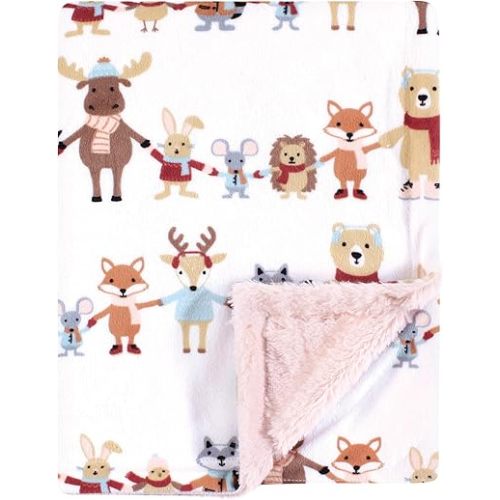 Hudson Baby Infant Girl Plush Blanket with Furry Binding and Back, Girl Winter Woodland Friends, One Size