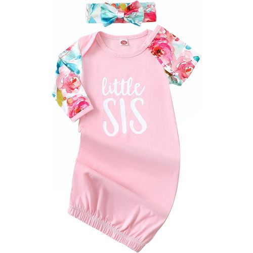 AMAWMW Newborn Baby Girl Little Sister Sleeper Gown Stripe Long Sleeve Nightgown Pajamas Gifts Stuff Essential Outfit