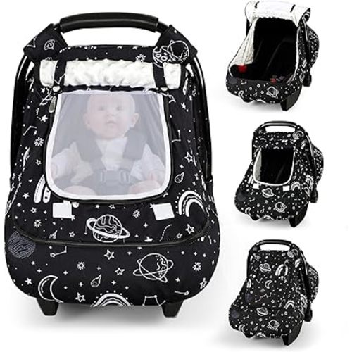 Winter Car Seat Cover Baby with Sunshade & Dual Zipper Windows - Minky Bubble Lined Windproof Soft Shell, Warm Newborn Car Seat Canopy Covers, Elastic Bottom for Stroller & Infant Car Seat, Space