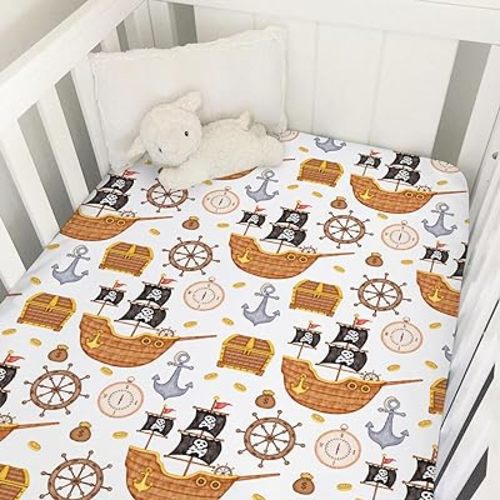 Sea Ocean Baby Crib Sheets 52''x28'' Pirates Ship Compass Anchor Rudder Snug Fitted Crib Mattress Cover for Boy Girl Nautical Life Soft Nursery Bed Sheets for Standard Crib and Toddler Mattresses