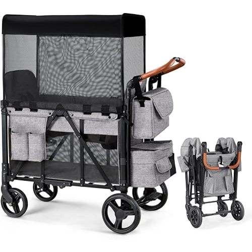 Wagon Stroller for 2 Kids, Foldable Wagon for Kids and Infants, All Terrian Wheels with Shock-Absorbing, 5 Point Harness, Removabel Canopy and Ample Storage Bag Included (Black)