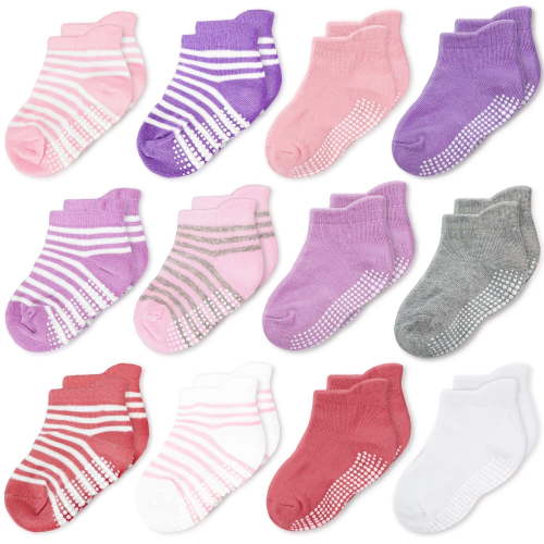 CozyWay Baby Girl Socks with Grippers - Non Slip Ankle Grip Socks For Girls Babies Infants - Comfy Soft Cotton - For Ages 1-11 Months - Multi Color Pink - 12 Pack