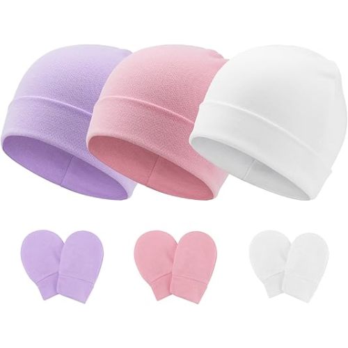 Newborn Baby Hats and Mittens Set Infant Beanie Cap Toddler Gloves Newborn Hospital Hats for Baby Boy Girl Kid 0-6 Months
