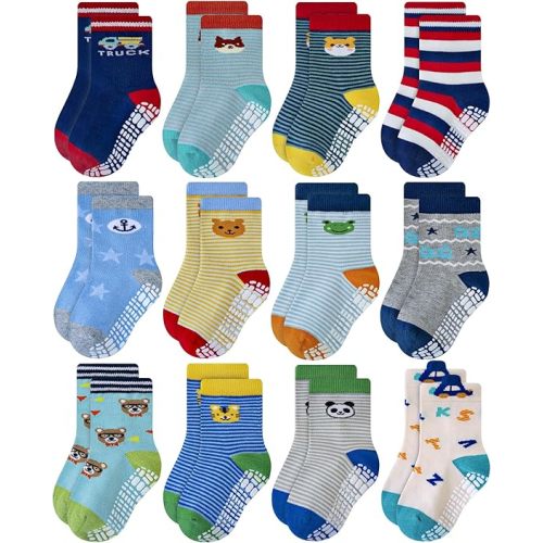 RATIVE Non Skid Anti Slip Cotton Dress Crew Socks With Grips For Baby Infant Toddler Kids Boys Girls
