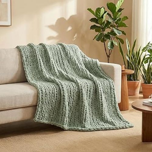 Amélie Home Chunky Knit Throw Blanket for Couch, Soft Chenille Handmade Crochet Throw Rope Knot Blanket for Couch, 50"x60", Sage Green