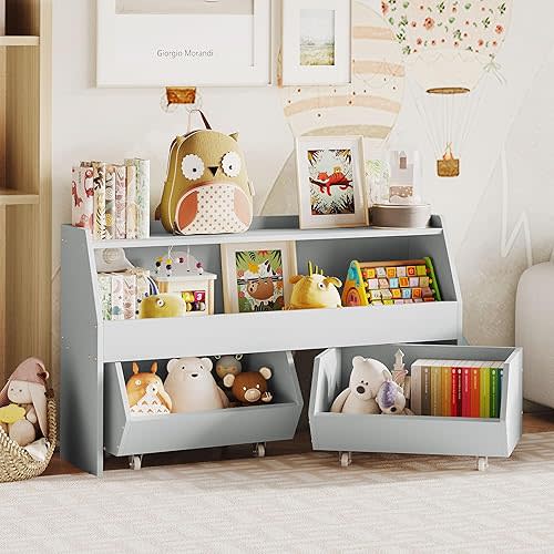 Toy Storage Organizer for Kids, Toy Storage Cabinet with Drawers, Boys and Girls Toy Shelf with Wheels, Toy Organizer Kids Bookshelf with Storage for Nursery, Playroom, Bedroom (Light Grey)