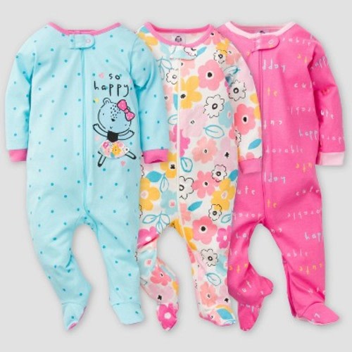 Gerber Baby Girls' 3pk Bear Sleep N' Play - Pink/Blue