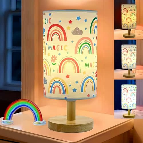 Rainbow Kids Bedside Table Lamp for Bedroom,Kids Rainbow Desk Reading Lamp with Flaxen Fabric Cartoon Lampshade,3 Colors Decor Nightstand Night Light for Girls Boys Nursery Living Room