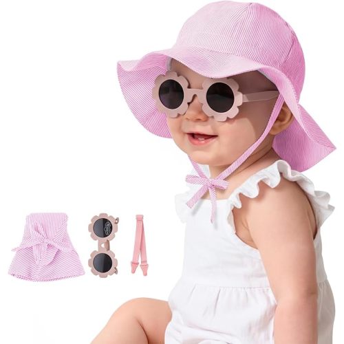 Durio UPF50+ Baby Sun Hat and Sunglasses - Sun Protection Hat for Boy Girl, Wide Brim Summer Beach Hats for Newborn Toddler