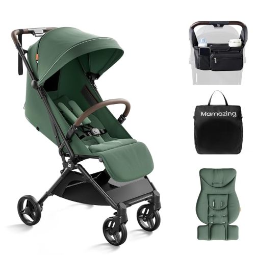 Mamazing Ultra Air Lightweight Baby Travel Stroller with Carbon Fiber Frame | Compact & Airplane-Friendly, One-Handed Fold, 11.6 lbs, UPF50+ Canopy, Under-Seat Basket, Organizer & Cushion Included, Green