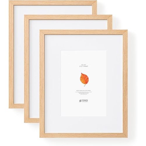 Solid Oak Wood 8x10 Picture Frame with Mat for 5x7 Natural Photo Frames, Set of 3 Poster Frame for Wall Tabletop Home Decor