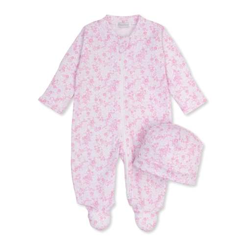 Old English Roses Pink Zip Footie & Hat Set