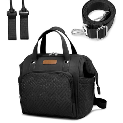 Small Diaper Bag, Stroller Organizer with Insulated Cup Holder & Detachable Shoulder Strap, Convertible Diaper Bag Tote for Short Trip (Black)