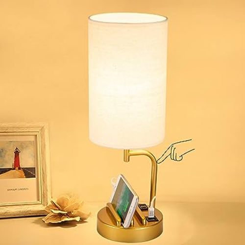 Dreamholder Touch Control USB Table Lamp, Upgraded 3-Way Dimmable Bedside Desk Lamp with USB C & A Charging Ports and AC Outlet, Nightstand Lamp for Bedroom, Dimmable Bulb Included, Gold