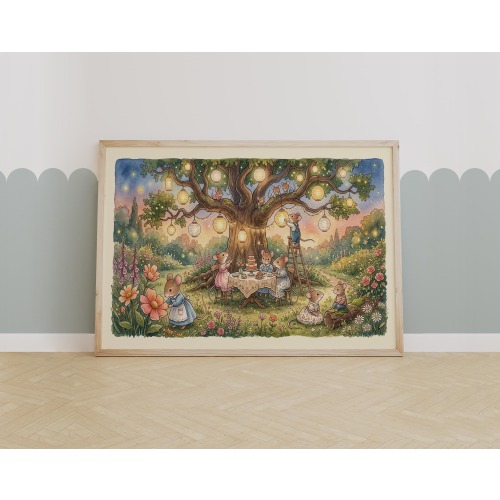 Woodland Animal Wall Art Nursery Decor | Mouse Tea Party Print | Storybook Illustration | Kids Room Poster