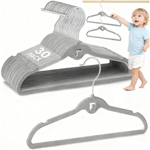 Baby Velvet Stackable Hangers 30 Pack, 11 Inches Gray Kids Clothes Hanger for Closet, Non Slip Toddler Infant Hangers for Nursery, Thin Space Saving Children Felt Hanger with 360° Swivel Hooks