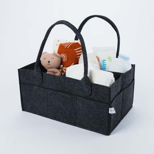 Baby Bliss Felt Diaper Caddy - Removable Insert & 8 External Pockets, Stylish, Portable Baby Storage Bin for Home & Travel - Charcoal