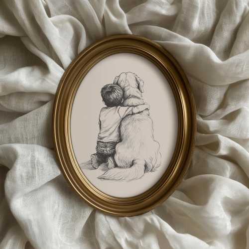 Boy and Golden Retriever Poster, Nursery Vintage Print Wall Art, PRINTED AND SHIPPED