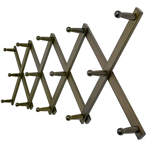Dseap Accordion Wall Hanger:16'' High Wooden Expandable Coat Rack, Hat Rack for Wall,Accordion Hook for Baseball Caps,Coats,14 Peg Hooks,Dark Walnut