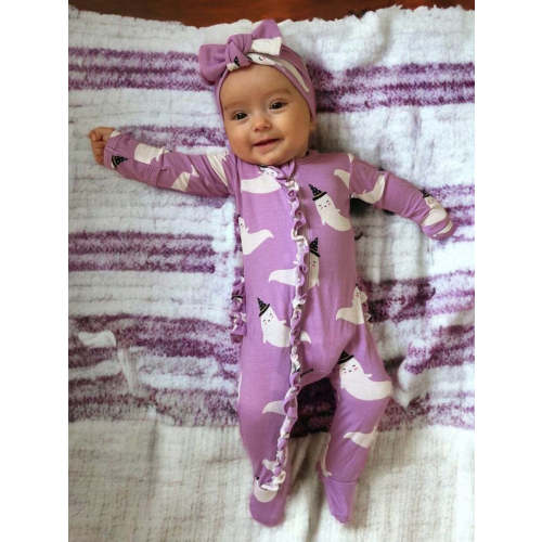 2-Way Ruffle Zip Footie, Purple Ghost
