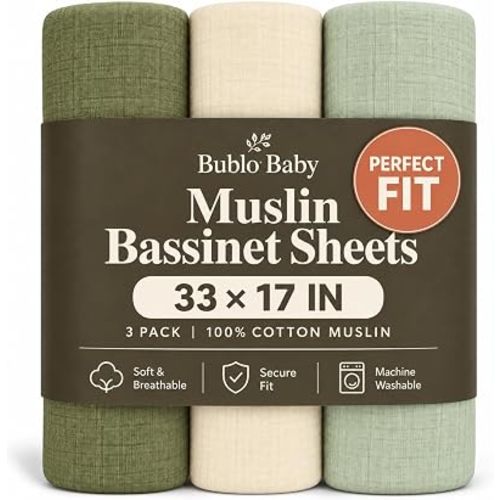 Muslin Bassinet Sheets 3 Pack, 33x17x4 Fitted Sheet for Newborn Boys & Girls, Soft Breathable 100% Cotton, Universal Fit for Halo BassiNest, Baby Delight, Graco, Oval & Rectangle Mattress