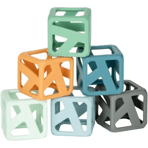 Malarkey Kids Stack N Chew - Mini Cubes Baby Chew Toy Monochrome - Develops Fine Motor Skills, Increases Grip Strength, Stimulates Hand-Eye Coordination (Earthy)