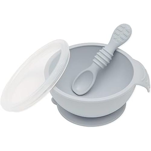 Bumkins Baby Bowl, Silicone Feeding Set with Suction for Baby and Toddler, Includes Spoon and Lid, First Feeding Set, Training Essentials for Baby Led Weaning for Babies 4 Months Up, Gray