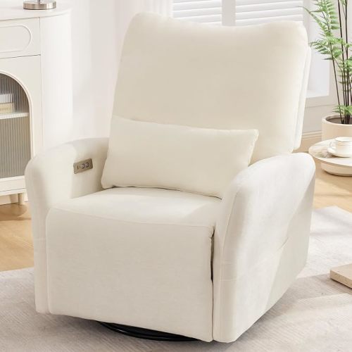 Korser Power Swivel Rocker Recliner Chair, Electric Nursery Rocking Chairs with USB & Type-C Ports, Upholstered 23" Wide Glider Chair with Lumbar Pillow for Living Room, Bedroom, Chenille, Beige