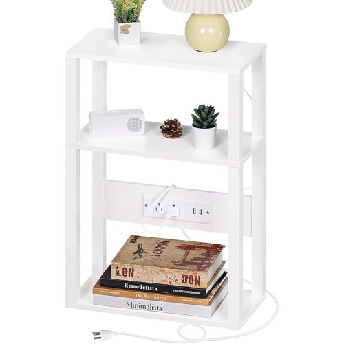 3-Tier Small Narrow Wood Side Table with Charging Station, Skinny Nightstand for Small Space, Slim Bedside Table with Storage for Couch, Thin End Table with USB Ports and Outlets, White
