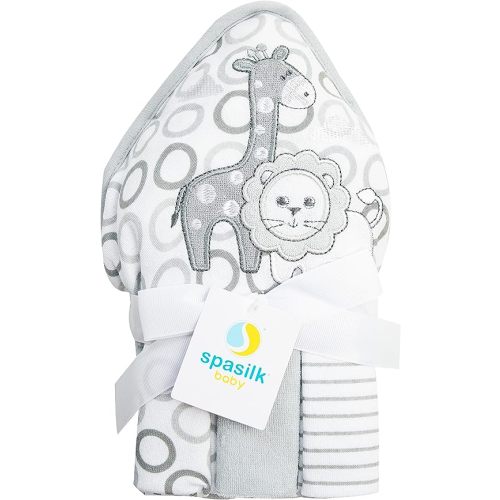 Spasilk 4-Piece Soft Terry Hooded Bath Towel and Washcloth Set, 1 Baby Towel and 3 Baby Washcloths for Newborn Boys and Girls, Gray Lion