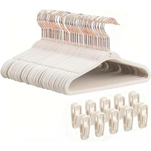 Kids Velvet Hanger 50 Pack, 11" Baby Clothes Hangers with Rose Gold Swivel Hook & 10 Clips, Ultra Thin 0.2" Non-Slip Nursery Hangers, Stackable Space-Saving Felt Hangers for Closet, Beige