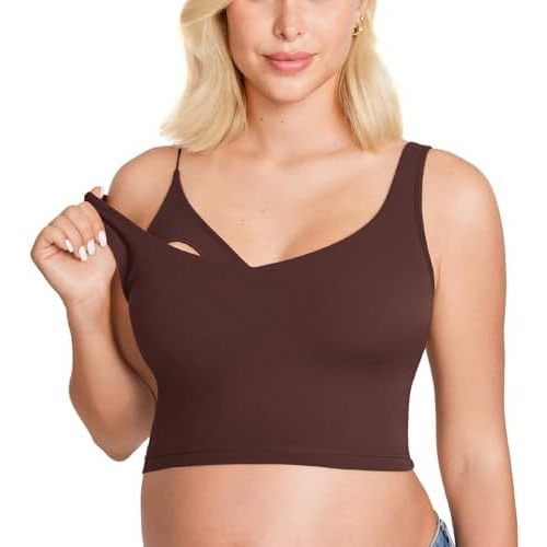MOMANDA Women's Nursing Bras Longline Sports Breastfeeding V Neck Sleeveless Crop Tank Top with Built in Bra