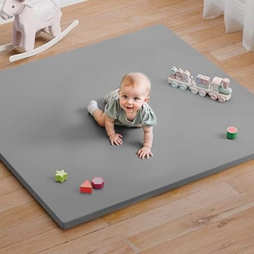 Baby Play Mat for Floor, 50x50 Vegan Leather Playpen Mat, Thickened Foam Cushioned Mat for Infants and Toddlers, Waterproof, Non-Slip & Stylish Playmat for Babies, Easy to Clean, Gray