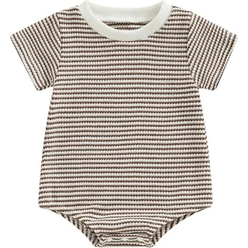 Newborn Baby Girl Boy Clothes Short Sleeve Stripe Bubble Romper Waffle Bodysuit Tshirt Cute Summer Outfit
