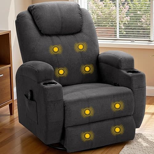 Recliner Chair, 360° Swivel Rocker Chair for Adults, Rocking Recliner Chair with Massage, Comfy Single Sofa with Side Pockets Cup Holders for Living Room, Bedroom, Nursery (Fabric, Dark Gray)