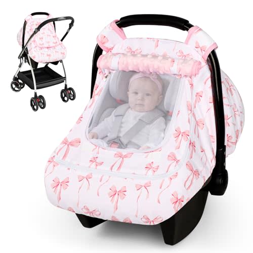 Baby Car Seat Cover with Mesh Window, Windproof Carseat Cover for Infant Girls, Infant Carseat Canopy with with Dual Zipper, Compatible with Most Baby Car Seat, Pink Bow