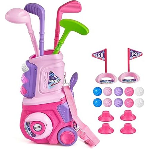PJG Toddler Golf Set, Plastic Kids Golf Clubs 3-5 with 4 Golf Clubs and 10 Balls, Indoor and Outdoor Golf Toys with Cart for Toddlers Boys and Girls Birthday (Toy Golf Set - Pink)