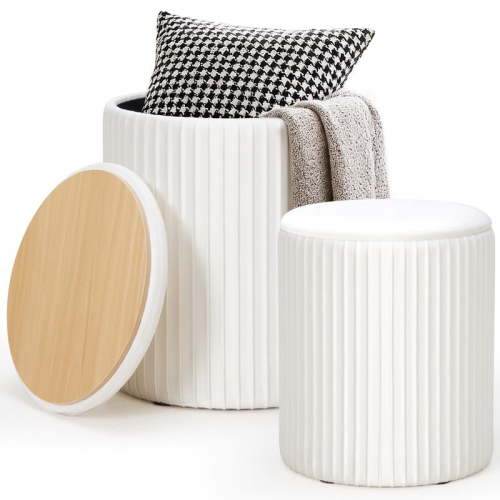 Gianna Round Ottoman Set of 2 with Reversible Seat, Upholstered Vanity Stool, Comfortable Footrest With Storage for Living Room, Bedroom, Beige