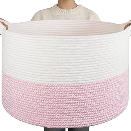 OIAHOMY 90L XXXLarge Blanket Basket for Living Room, 21.7" x 13.8" Woven Cotton Rope Laundry Basket for Organizing Pillows, Decorative Stuffed Animal Toy Storage for Nursery, White and Pink