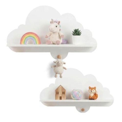 Costway 2 PCS Floating Cloud Shelves with Solid Wood Hanging Hooks, Cute Corner Bookshelves White