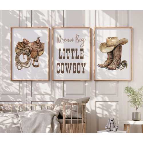 Western Cowboy Nursery Wall Art - Wild West - Dream Big Little Cowboy - Kids Room Wall Decor - Boys Bedroom Prints -